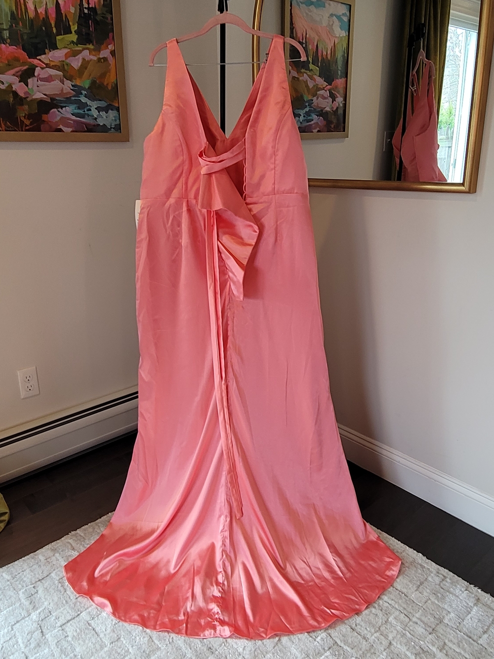 NWT WEAR YOUR LOVE Coral Satin Corseted Formal Gown High Slit Size 22 - Picture 6 of 16